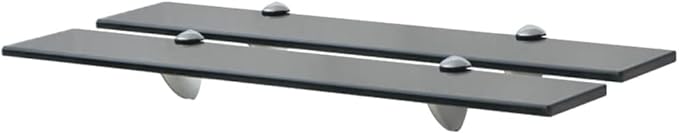 Glass Shelves Set of 2, Floating Shelves for Bathroom, 23.6 Inch Tempered Safety Glass 3/10 Inch Thick, Zinc Alloy Clip Bracket, Storage Shelves for Bathroom, Living Room and Hallway Black