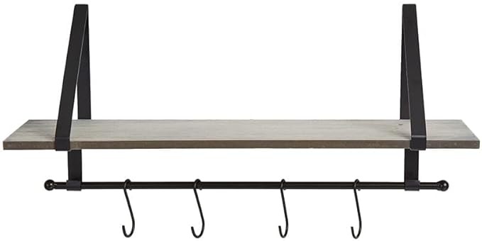 Farmhouse Bathroom Collection - Wall Shelf w/Hooks Gray