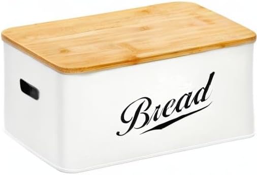 RoyalHouse Modern Metal Bread Box with Bamboo Cutting Board Lid, Bread Storage Container for Kitchen Counter, Vintage Kitchen Decor Organizer