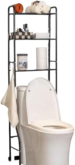 3-Tier Over The Toilet Storage, Space Saver Metal Bathroom Shelves, Freestanding Above Over Toilet Storage Shelf with 4 Hooks for Bathroom (Black)
