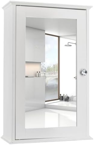 Karl home Wooden Medicine Cabinet White Wall Mounted Bathroom Cabinet with Single Mirror Door & Adjustable Shelves for Bathroom, Living Room, Entryway