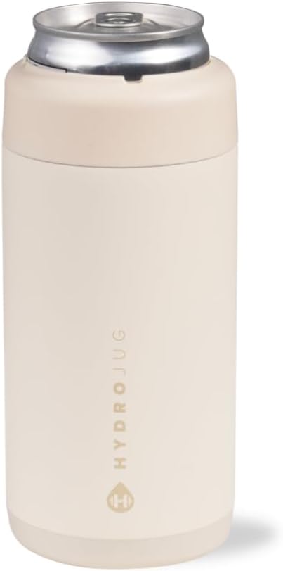 HydroJug Slim Can Cooler - 2-in-1 Insulated Can Cooler Cup - Stainless Steel Slim Can Holder with Non-Slip Rubber Base - Screw-Top Lid - Dishwasher Safe - 12oz, Cream