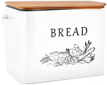 E-far Bread Box for Kitchen Countertop, Metal Bread Storage Container Bin with Bamboo Lid for Cutting Bread, Extra Large & Farmhouse Style, 13” x 7.2” x9.8”, White