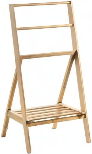 MyGift 3 Tier Free Standing Towel Rack for Bathroom, Pool Outdoor, Foldable Blanket Ladder with Storage Shelf, 43" H Bath Towel Holder Organizer Drying Rack, Light Brown Solid Bamboo Quilt Rack