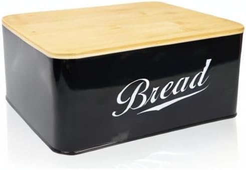 RoyalHouse Modern Metal Bread Box with Bamboo Cutting Board Lid, Bread Storage Container for Kitchen Counter, Vintage Kitchen Decor Organizer - Black