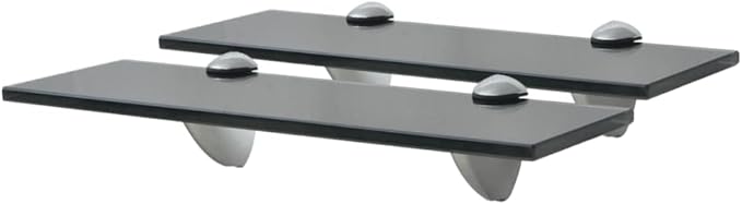 Glass Shelves Set of 2, Floating Shelves for Bathroom, 11.8 Inch Tempered Safety Glass 3/10 Inch Thick, Zinc Alloy Clip Bracket, Storage Shelves for Bathroom, Living Room and Hallway Black