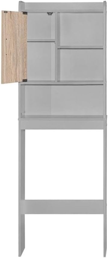 Pemberly Row Over the Toilet Storage Cabinet, Light Gray and Oak Finish, Engineered Wood, 3 Open Shelves, 2 Enclosed Shelves, Modern Bathroom Organizer, Space-Saving Design, 9.5” D x 23.5” W x 67” H