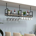 Black Ceiling Shelf - Wrought Iron Wine Glass Holder, Solid Wood Storage Rack, Ceiling & Wall Mounted Plant Display, Kitchen Floating Shelves, 120 * 30 * 60CM(47 * 12 * 24 in)