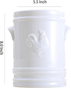 WAIT FLY Embossed Rooster Porcelain Kitchen Utensil Holder Flatware Storage Organizer Utensil Crock for Countertop Kitchen Counter Decor-White