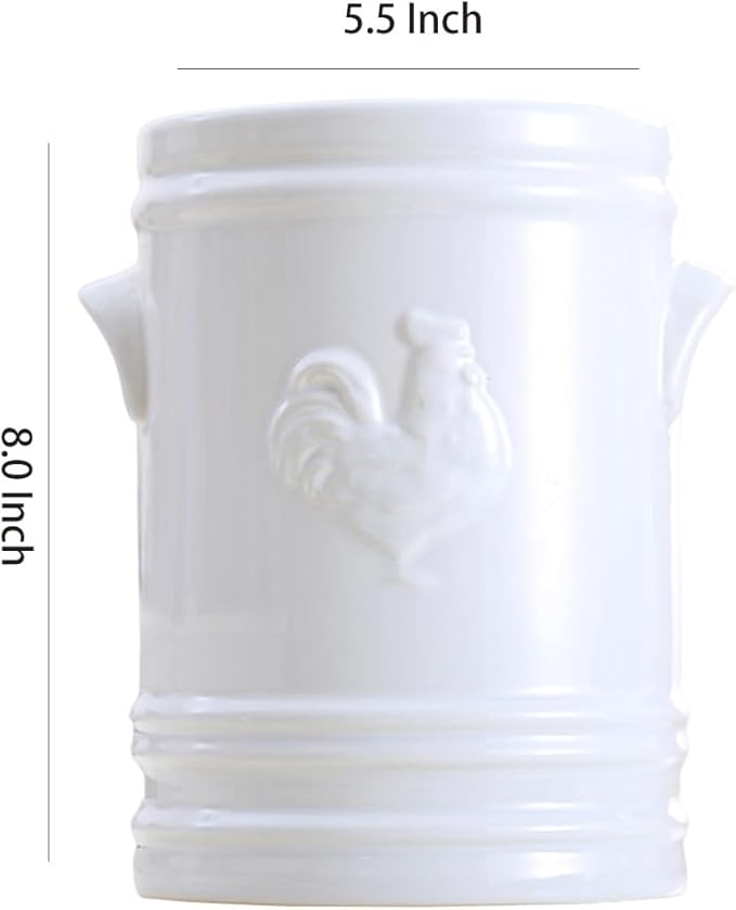 WAIT FLY Embossed Rooster Porcelain Kitchen Utensil Holder Flatware Storage Organizer Utensil Crock for Countertop Kitchen Counter Decor-White