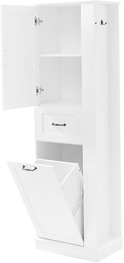 Tall Laundry Cabinet with Tilt Out Hamper, Wood Bathroom Storage Cabinet with Door,Drawer and Adjustable Shelves Freestanding (White)