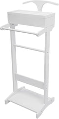 22.05 Lbs Capacity Wood Valet Stand, Clothes Valet Rack with Drawer Top Tray, Freestanding Clothing Stand with Contour Hanger Trouser Bar Tie & Belt Hooks and Shoe Rack, Black