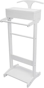 Clothing Rack with Top Tray,Tall Closet Storage Organizer Suit Valet Stand for Man,Steamer Stand Dresser Hat Holder,Tie & Belt Hooks and Shoe Rack for Entryway Office Living Room (white)