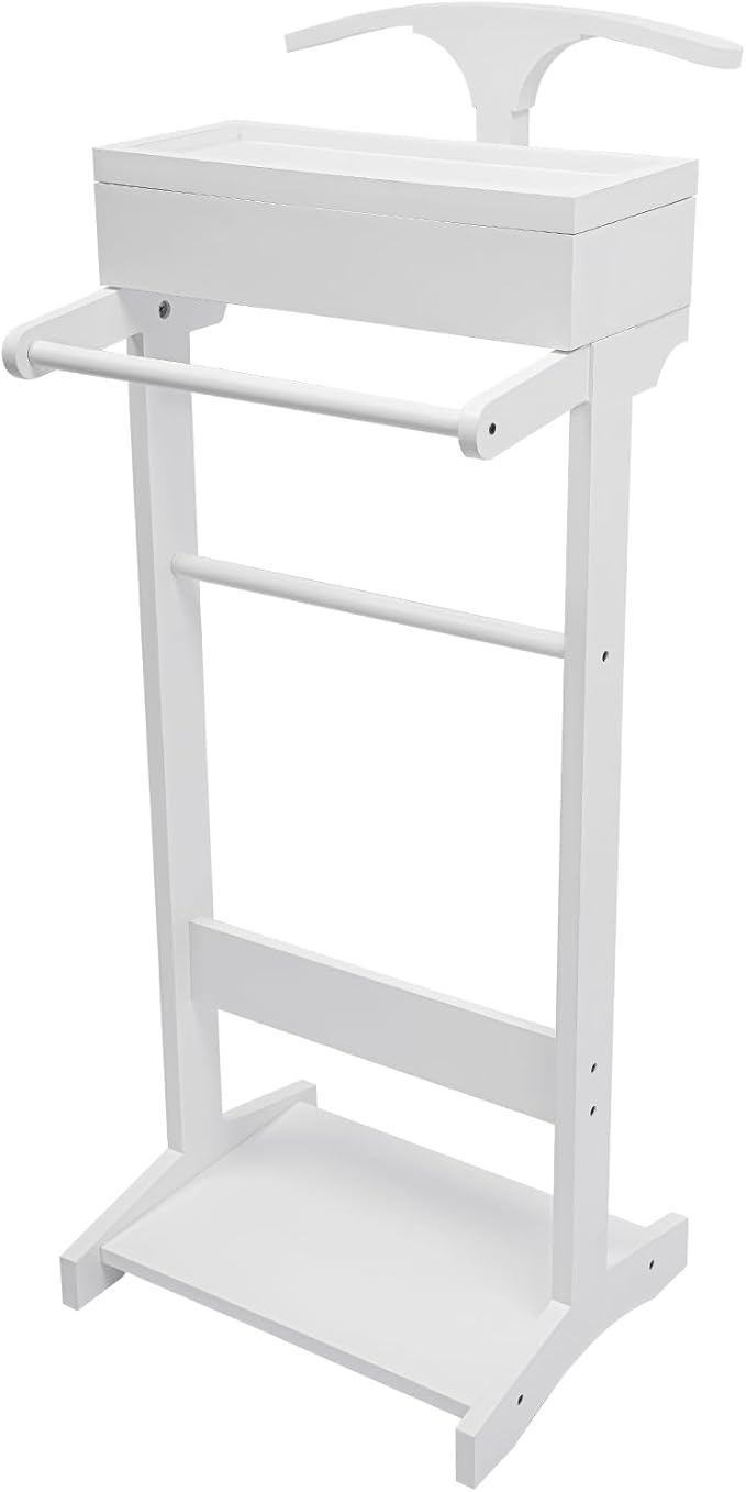 Clothing Rack with Top Tray,Tall Closet Storage Organizer Suit Valet Stand for Man,Steamer Stand Dresser Hat Holder,Tie & Belt Hooks and Shoe Rack for Entryway Office Living Room (white)