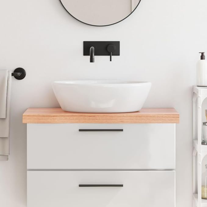 vidaXL Light Brown Bathroom Countertop - Solid Oak Wood with Varnish Finish, Handmade with Live Edge, Versatile Use & Durable Construction(31.5"x15.7"x(0.8"-2.4"))