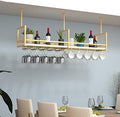 Ceiling Shelf - Wrought Iron Wine Glass Holder, Wall-Mounted Plant Display, Floating Kitchen Storage Rack, Black Solid Wood Ceiling-Mounted Wine Gold,140 * 30 * 60CM