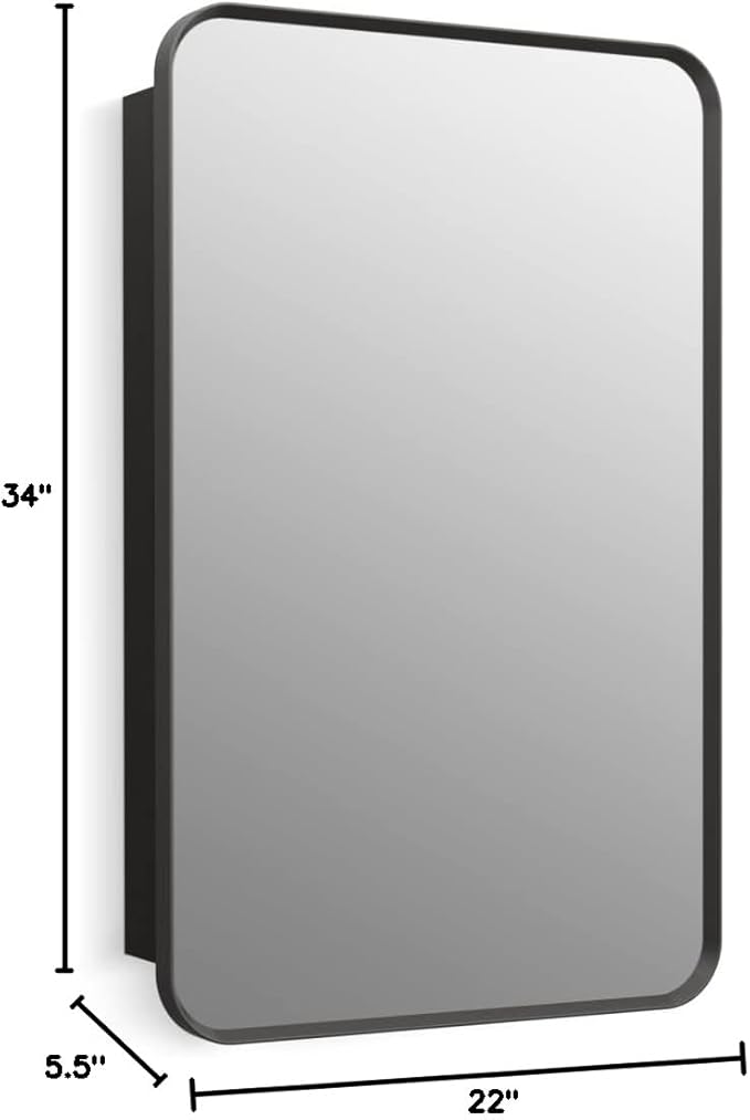 Kohler 35570-BLL Verdera® Framed Bathroom Medicine Cabinet with Mirror, Rectangular Design, Mirrored Interior, Adjustable Glass Shelves, Rustproof, 22 in. W x 34 in. H, Matte Black