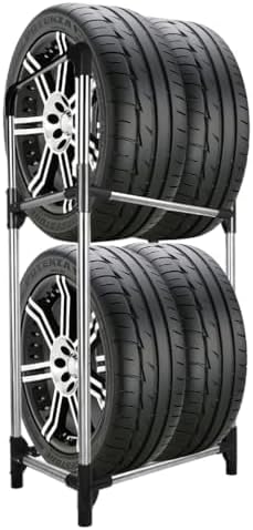 Hershii Tire Storage Rack Standing Garage Storage Shelf Organizer for Indoor Outdoor Use - Black + Silver, 22.51'' X 14.16'' X 45.11''