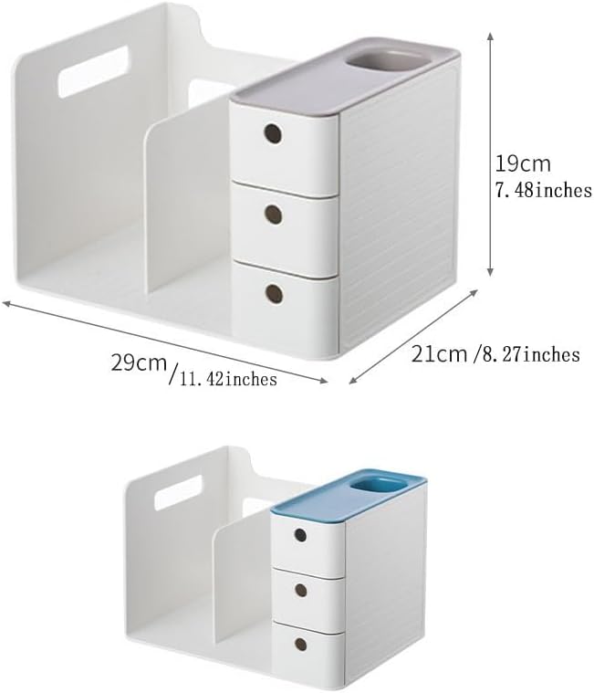 White Plastic Desktop Organizer with File Holder,3-tier Drawers with Pen Holder,Book Stand for Office Supplies and Desk Accessories (White+Blue)