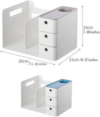 White Plastic Desktop Organizer with File Holder,3-tier Drawers with Pen Holder,Book Stand for Office Supplies and Desk Accessories (White+Blue)