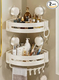 Suction Cup Shower Caddy(2-Pack Cream White),Single 1.77 Inches High No-Drilling Aluminum Bathroom Organizer with Towel Bar & Hooks,Moder wall Shower Shelf and Storage Decor