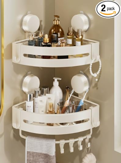 Suction Cup Shower Caddy(2-Pack Cream White),Single 1.77 Inches High No-Drilling Aluminum Bathroom Organizer with Towel Bar & Hooks,Moder wall Shower Shelf and Storage Decor