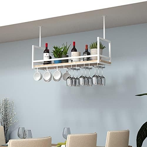 Ceiling Shelf - Hanging Wine Glass Holder, Wrought Iron & Solid Wood Storage Rack, Ceiling & Wall Mounted Wine Rack, Plant Display, Kitchen Floating Shelves, White, 100 * 30 * 60CM