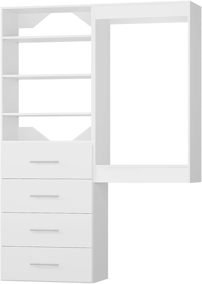 ROOMTEC Modular Closet System, 52" Wall-Mounted Closet Organizer with Drawers and Hanging Rods, Wooden Tower for Walk-In Closets, Wardrobe Storage Kit, White