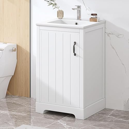20 in Small Bathroom Vanity with Sink,Soft Close Door and Adjustable Shelf,Wood Modern Single Bathroom Sink Cabinet,Freestanding (White)