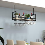 Ceiling Shelf Wine Glass Holder - Wrought Iron & Solid Wood Rack, Ceiling Mounted or Wall Display for Plants, Kitchen Floating Shelf, Black, 80 * 30 * 60CM(31 * 12 * 24 in)