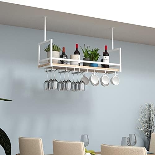 Ceiling Shelf - Hanging Wine Glass Holder, Wrought Iron & Solid Wood Storage Rack, Ceiling & Wall Mounted Wine Rack, Plant Display, Kitchen Floating Shelves, White, 100 * 30 * 60CM