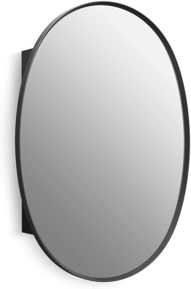 Kohler 35571-BLL Verdera® Bathroom Medicine Cabinet with Mirror, Oval Design, Mirrored Interior, Adjustable Glass Shelves, Rustproof Aluminum, 24 in. W x 34 in. H, Matte Black