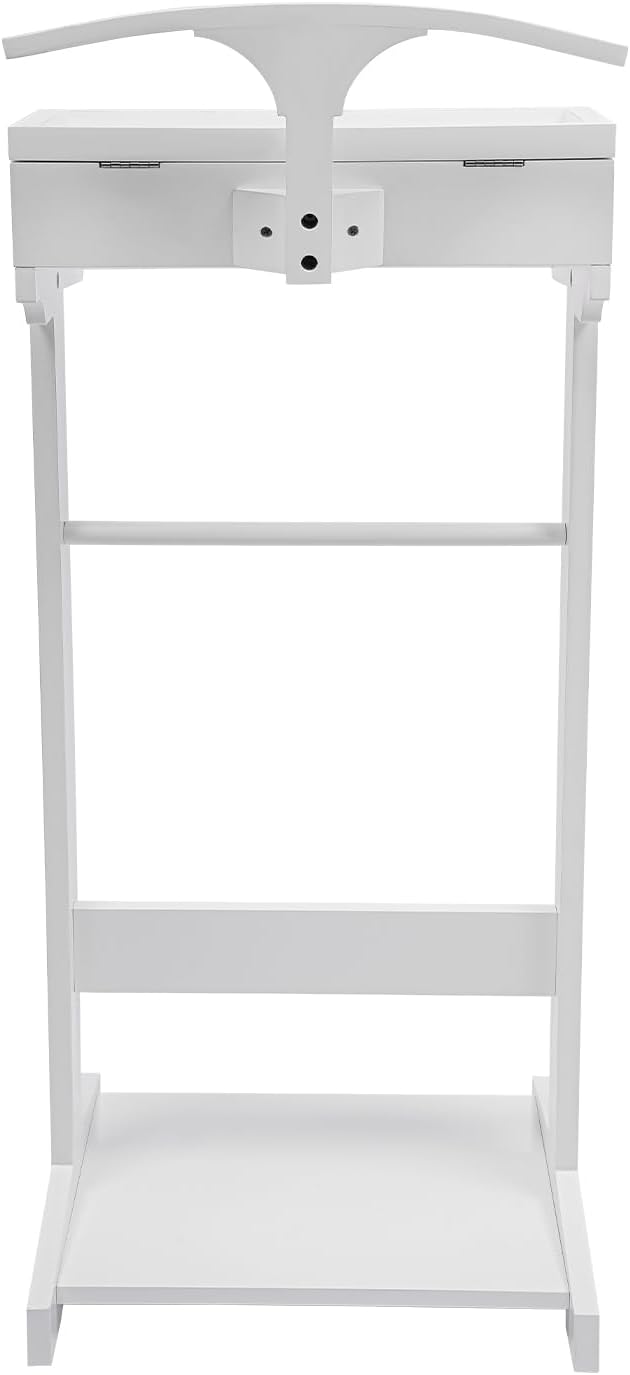 Suit Valet Stand Wood Valet Stand for Man, Clothing Valet Stand with Contour Hanger, Tray, Trouser Bar, Tie Bar and Base, Mens Valet Stand for Entryway Office Living Room (White)