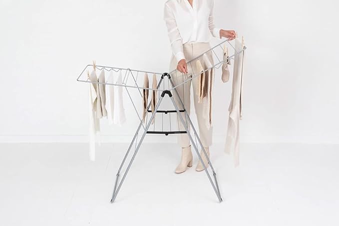 Brabantia HangOn Clothes Drying Rack | 67ft (20m) | Metallic Gray | Large Indoor Clothes Airer Laundry Stand with 2 Fold-Out Wings & Hanger Hooks, Folds Flat | Fits 2 Full Loads
