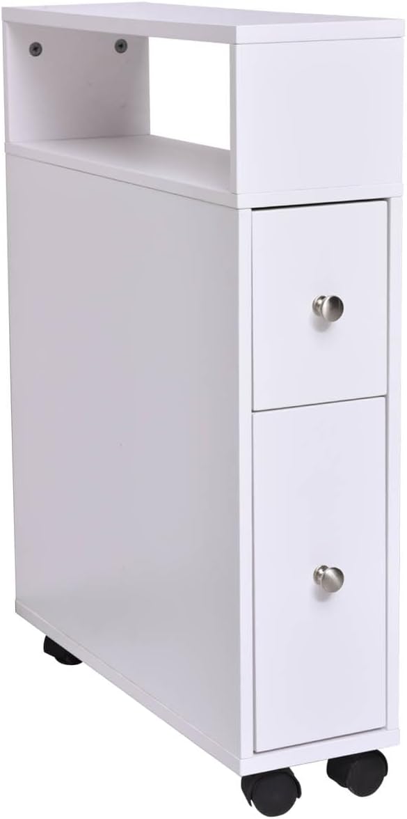 Toilet Paper Storage, Small Bathroom Storage Cabinet, Toilet Paper Holder, Slide Out Drawers and Roller for Small Space, Narrow Floor Bathroom Organizer, White