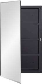 Black Plastic Medicine Mirror Cabinet for Bathroom with 18 x 28 inch Beveled Edge Mirror, Recessed and Surface Mount