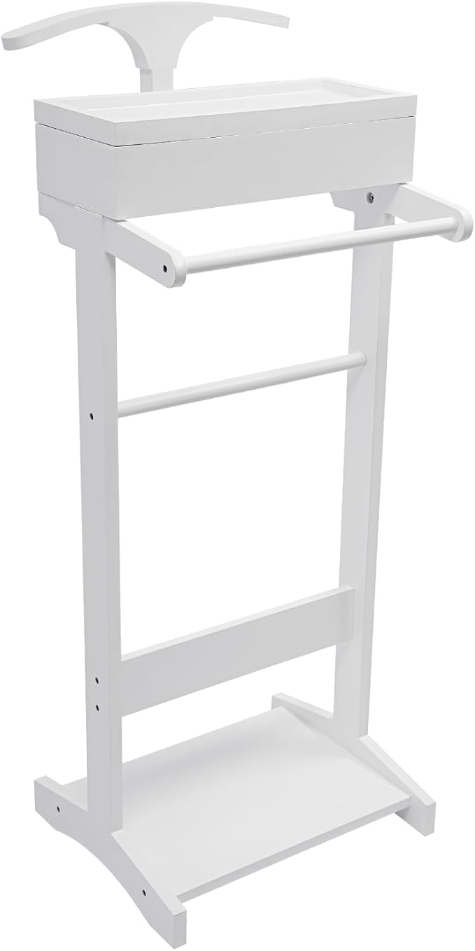 Suit Valet Stand Wood Valet Stand for Man, Clothing Valet Stand with Contour Hanger, Tray, Trouser Bar, Tie Bar and Base, Mens Valet Stand for Entryway Office Living Room (White)