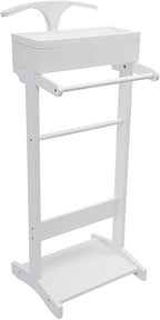 TFCFL Wooden Suit Rack with Drawer & Trouser Holder, Multi-functional Coat Stand for Hats/Scarves/Belts, Space-Saving Standing Suit Valet Stand for Home/Office, 22lbs Load Capacity (White)