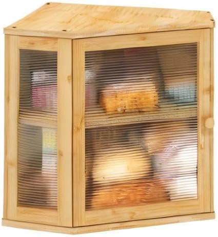 Corner Bread Box for Kitchen Counter, Bamboo Wood Large Capacity Bread Storage Bin with Acrylic Wavy Door Panel (Natural, Meduim)