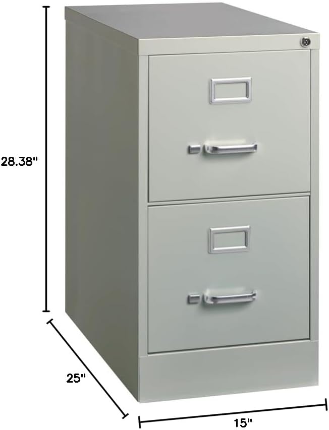 Pemberly Row 25" 2-Drawer Metal Filing Cabinet, Letter Width, Vertical Design, Gray Finish, Commercial Grade Steel Construction, Locking Drawers, Ball-Bearing Slides, Office Storage Solution