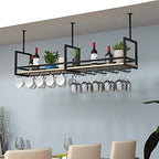 Black Ceiling Shelf - Wrought Iron Wine Glass Holder, Solid Wood Storage Rack, Ceiling & Wall Mounted Plant Display, Kitchen Floating Shelves, 120 * 30 * 60CM(47 * 12 * 24 in)
