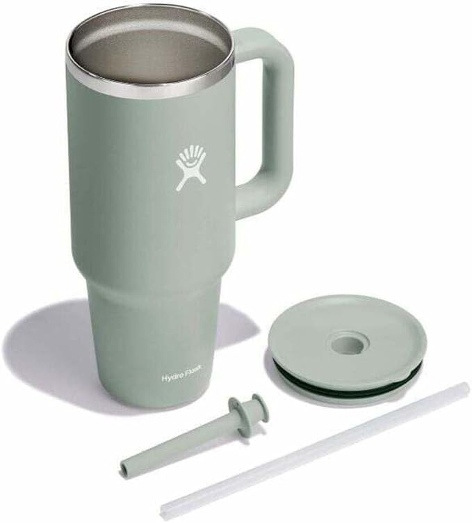 Hydro Flask Travel Tumbler with Handle, Lid and Straw - Insulated Stainless Steel in 40 Oz Tonal Agave Green