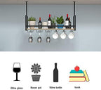 Ceiling Shelf Wine Glass Holder - Wrought Iron & Solid Wood Rack, Ceiling Mounted or Wall Display for Plants, Kitchen Floating Shelf, Black, 80 * 30 * 60CM(31 * 12 * 24 in)
