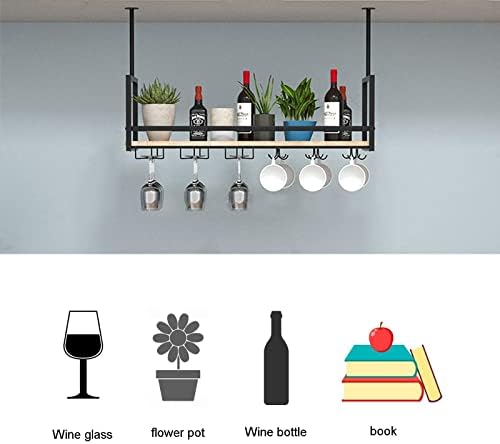 Ceiling Shelf Wine Glass Holder - Wrought Iron & Solid Wood Rack, Ceiling Mounted or Wall Display for Plants, Kitchen Floating Shelf, Black, 80 * 30 * 60CM(31 * 12 * 24 in)