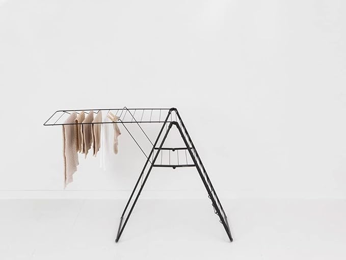 Brabantia HangOn Clothes Drying Rack | 82ft (25m) | Matt Black | Large Indoor Clothes Airer Laundry Stand with 2 Fold-Out Wings & Hanger Hooks, Folds Flat | Fits 2 Full Loads