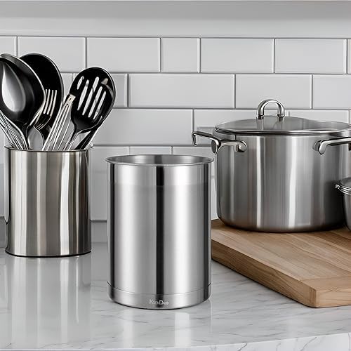 KSENDALO Jumbo Utensil Holder and Medium 6.6inch Utensil Crock Set for Countertop,Stainless Steel Utensil Caddy for Spoons, Silverware, and Spatulas for Kitchen, Silver