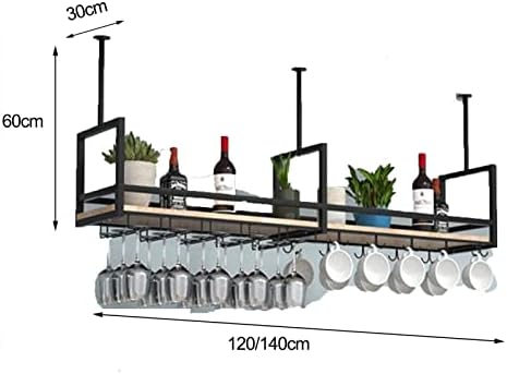 Ceiling Shelf Wine Glass Holder - Wrought Iron & Solid Wood Storage Rack, Wall-Mounted Plant Display & Kitchen Floating Shelves, Black, 120 * 30 * 60CM(47 * 12 * 24 in)- Stylish Home Organization