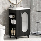 20" Small Bathroom Vanity with Sink and Glass Door,Storage Shelf & Toilet Paper Holder,Solid Wood & MDF Modern Single Bathroom Sink Cabinet with Glass Door Freestanding,Black