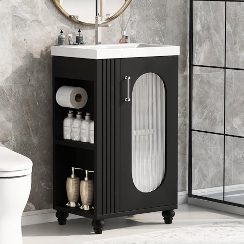 20" Small Bathroom Vanity with Sink and Glass Door,Storage Shelf & Toilet Paper Holder,Solid Wood & MDF Modern Single Bathroom Sink Cabinet with Glass Door Freestanding,Black