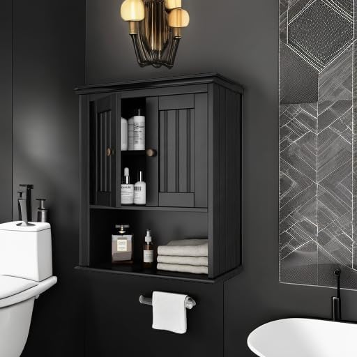 Treocho Wood Wall Cabinet Bathroom Medicine Cabinet Storage with Doors and Adjustable Shelf Wall Mount for Bathroom, Livingroom, Kitchen, Cupboard, Black